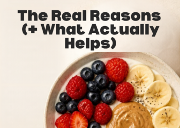 Protein-rich berry breakfast bowl with text reading "Why am I gaining weight in menopause? The real reasons and what actually helps" — The Nutrition Twins